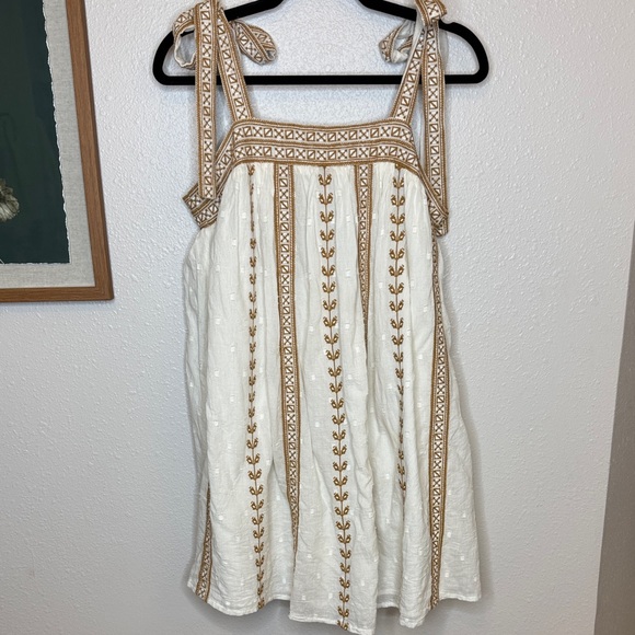 Cleobella Lacey Mini Dress w Tie Straps Side pockets Ivory & Brown Embroidered-S - Picture 15 of 15